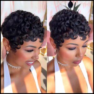 Short Curly Pixie Wig Human Hair Glueless Layered With Bangs Daily Wear
